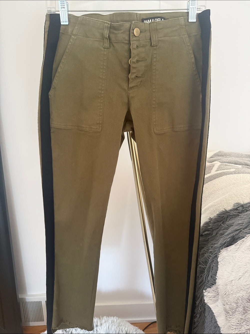 Pam & Gela Olive Green Cropped Chinos with Black Side Stripes